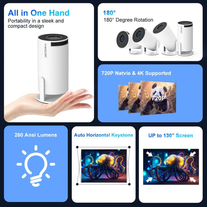 Portable mini projector features: 180° rotation, 720P native support, 260 ANSI lumens, compact for easy transportation.