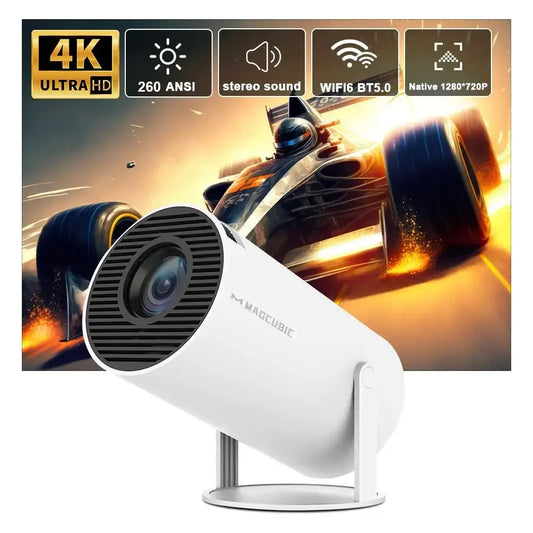 Portable 4K mini projector showcasing high-speed racing visuals, ideal for home cinema and gaming.